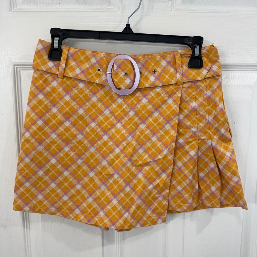 Urban Outfitters Plaid Belted Skort Orange Pink White US 2 Mini Skirt Shorts